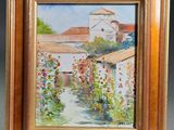 une peinture à l'huile représentant un jardin avec des fleurs et des bâtiments en arrière-plan