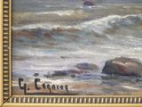 an oil painting of a sailboat in the ocean with rocks in the foreground