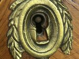 a keyhole on a wooden door that has a leaf design on it