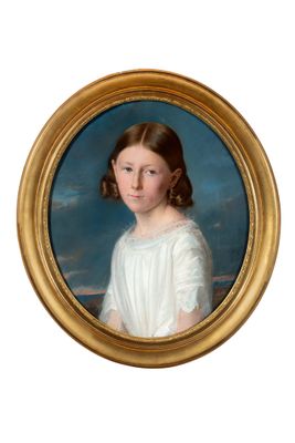 portrait of a young girl in a white dress in a gold frame