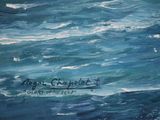 an oil painting of a blue ocean with waves crashing in the background