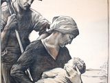 une vieille affiche française représentant un homme aidant une femme avec un bébé