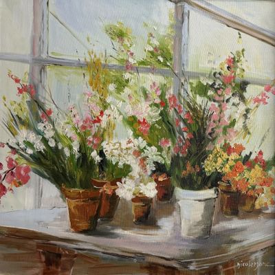 a painting of flowers on a table by a window