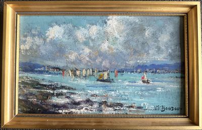 Marcel BOUDOU (1909-2007) Marine voiliers en mer - HSP signée 15.5 x 2