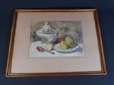 painting of a bowl of fruit and a plate of apples on a table
