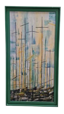 an oil painting of boats in a harbor in a green frame