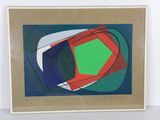 an abstract painting of a red, green, and blue geometric design