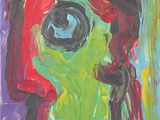 a painting of a woman ' s face with green, red, and blue colors