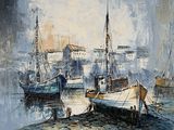 a painting of a harbor scene with boats in the water