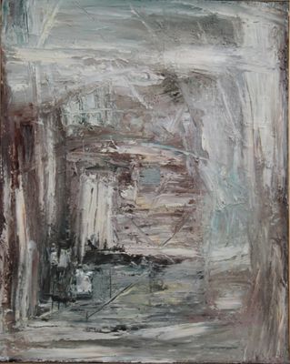an oil painting of a building with a clock on the wall