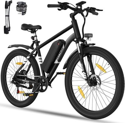 an image of a black electric bike with a yellow wheel