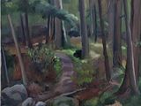 tableau représentant un sentier traversant une forêt parsemée de rochers et d'arbres