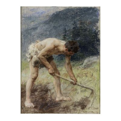 une image représentant un tableau où l'on voit un homme en train de creuser dans un champ