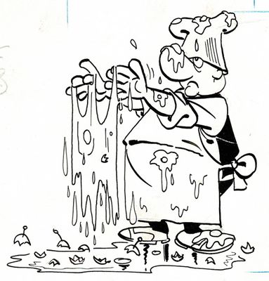 cartoon drawing of a man pouring something into a container