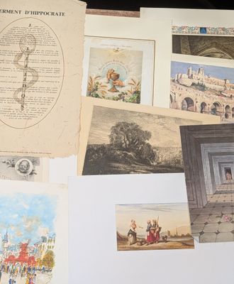 many different pictures of people and buildings on the wall