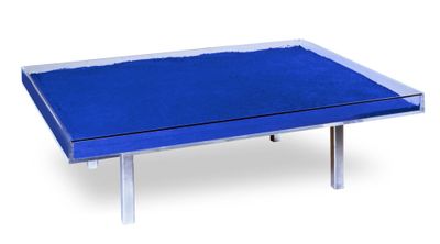 an image of a blue table with a glass top on a white background