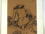 drawing of a woman in a hat and a straw hat working in a field