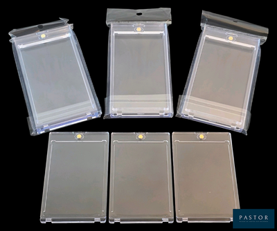 four clear plastic cards in a row on a black background