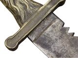 a close up of a knife on a white background