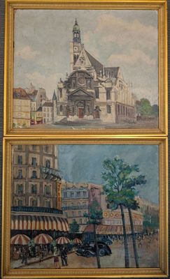 tableau représentant une scène de rue avec des bâtiments et une église en arrière-plan
