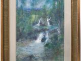 a painting of a stream in a forest with a waterfall in the background