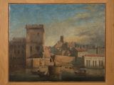 painting of a view of a city with a castle in the background