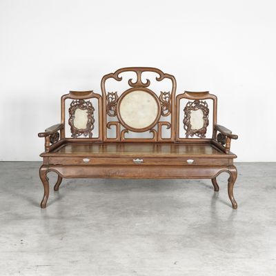 an image of a wooden bench with a mirror on top of it
