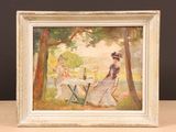 an image of a painting of a woman sitting at a table in a park