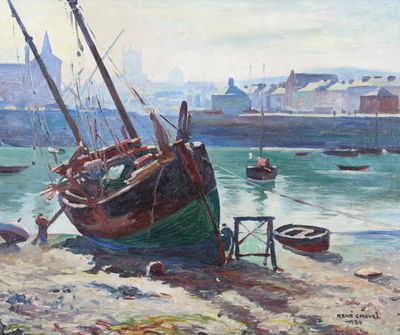 un tableau représentant un bateau sur la rive, au bord de l'eau