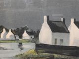 a painting of a row of white houses next to a body of water