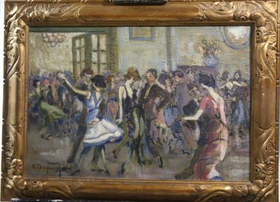 un tableau représentant un groupe de personnes en train de danser dans une salle de bal