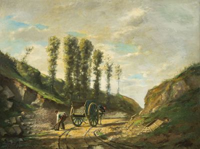 a painting of a horse drawn carriage on a dirt road