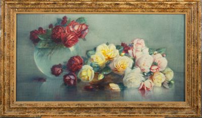 une peinture de roses dans un vase sur une table