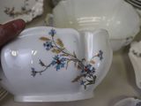 a person holding a white tea pot with blue flowers on it