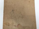 an old drawing of a man riding a horse on a brown paper