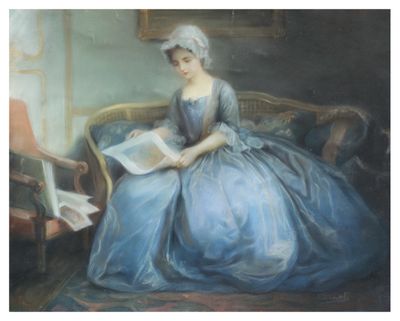 a painting of a woman sitting on a couch reading a book