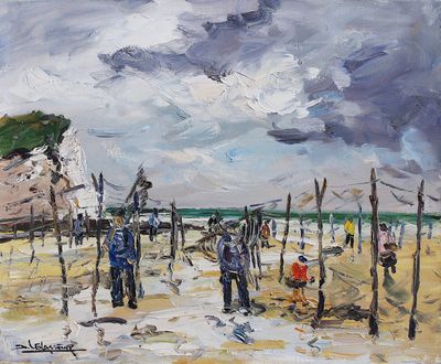 une peinture à l'huile représentant un groupe de personnes sur une plage