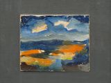 une peinture à l'huile représentant un paysage avec des montagnes au loin