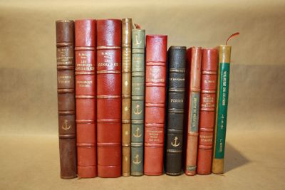 des livres sont alignés sur une surface beige