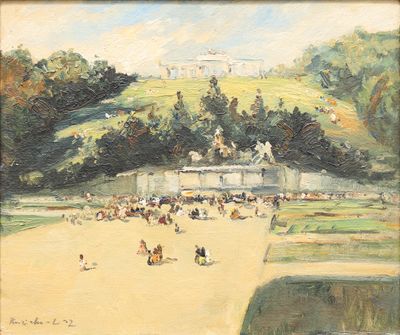 tableau représentant des personnes dans un parc, avec une fontaine en arrière-plan