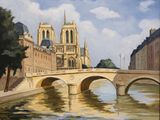 un tableau représentant un pont enjambant une rivière, avec une cathédrale en arrière-plan