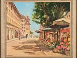 une peinture à l'huile représentant une scène de rue avec des fleurs et des parapluies