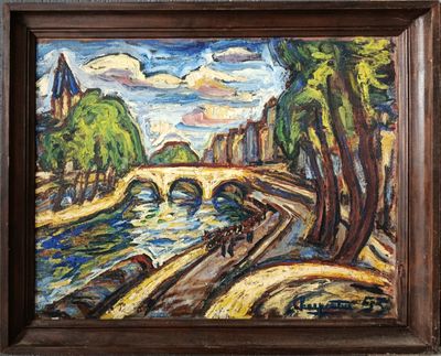 an oil painting of a bridge over a river surrounded by trees