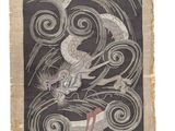 l'image d'un dessin représentant un poisson et un oiseau sur une vague