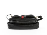 a black leather bag with a red and green stripe on the front