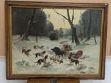 une peinture à l'huile représentant des chiens dans un paysage enneigé parsemé d'arbres