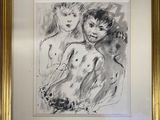 painting of two nudes in a gold frame with a black and white background