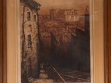 painting of a view of a city with a clock tower in the background