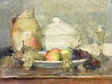 un tableau représentant des raisins, des pommes et une cruche posés sur une table