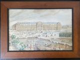 painting of a view of a palace with horses and carriages in the foreground